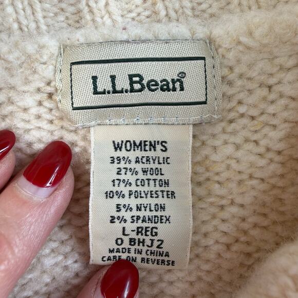LL Bean L Large Cardigan Sweater Ivory Wool Blend Fisherman Cable Knit Grandma - Picture 5 of 10